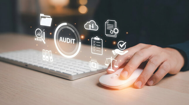 Person using computer mouse with audit and data analysis icons for business security - Powered by Adobe