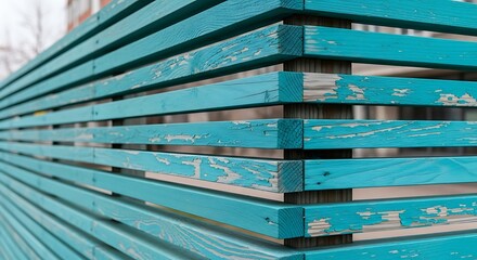 Close-up of a weathered turquoise wooden bench in a park.