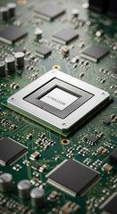 Close-up of a modern computer processor on a circuit board.