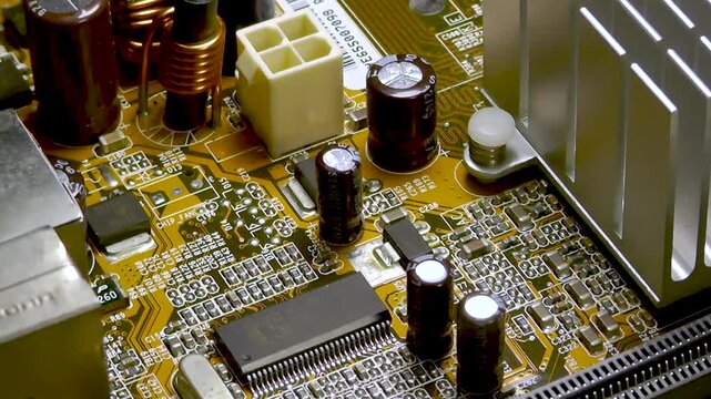 A fragment of a computer motherboard with a socket for the central processor