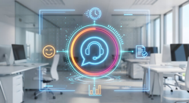 customer service and technical support concept with glowing neon headset icon digital interface and analytics symbols in modern blurred office background with workstations - Powered by Adobe