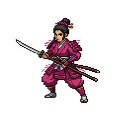 pixel art of a strong female samurai in pink armor with two swords, for retro game assets.