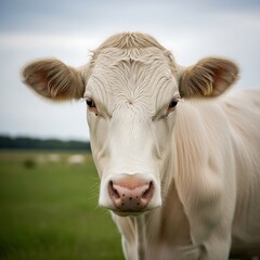 Close-up of a White Cow in a Green Field.