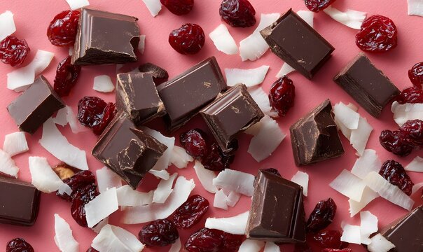 chocolate chunks, coconut pieces and cranberries laid down as a pattern