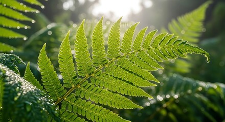 Close-up of a vibrant green fern frond in sunlight.