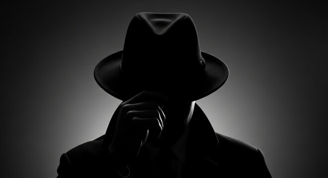 Intriguing silhouette of a mysterious person in a classic fedora and trench coat, evoking themes of secrecy, espionage, and anonymity