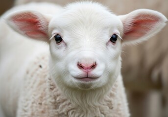 Close-up of a White Lambs Face with Pink Nose and Ears.