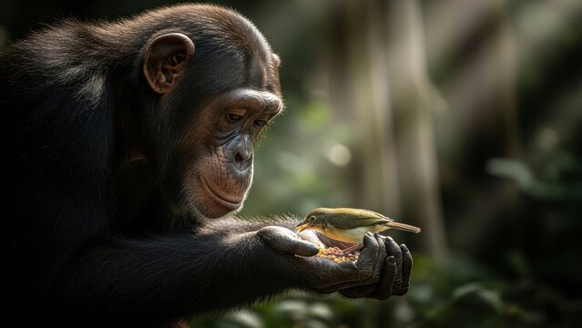 Close-up of a chimpanzee holding and examining a banana in a dark, natural setting with shallow