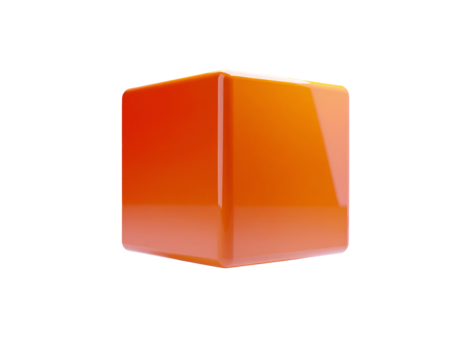Glossy orange cube floating against a stark black background - Powered by Adobe