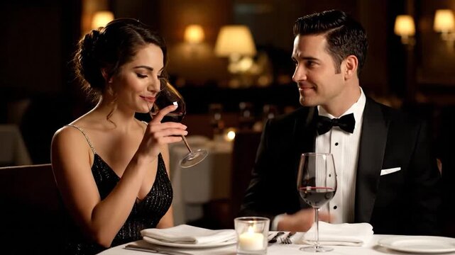 Elegant couple at candlelit dinner in a restaurant, toasting with wine glasses, dressed formally