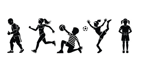 Obraz premium Kids Sports Silhouette Set Children Playing Soccer Basketball Running Vector
