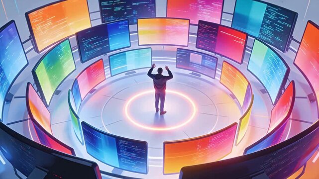 Person surrounded by colorful monitors