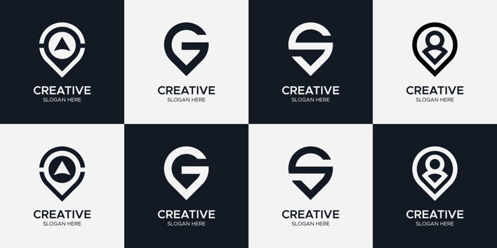 Minimalist Location Pin Logo Set, Creative Map Pointer Icons with Letter G, S, User and Arrow Symbols, Modern Navigation Branding Elements for Tech and Travel Apps