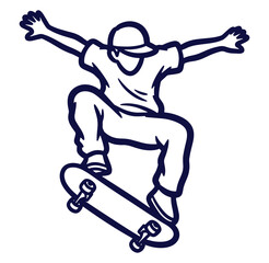 Vector illustration of a skateboarder performing a trick in outline style with arms outstretched