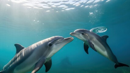 Naklejka premium Two dolphins swimming face to face underwater with sunlight filtering through the clear blue water.