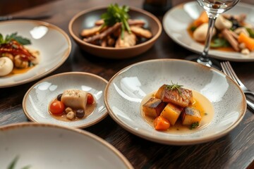 Multiple prepared gourmet food plates with fish vegetables and small bites arranged on a dark wooden dining table with a wine glass