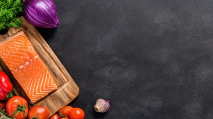 Fresh salmon on a wooden board surrounded by tomatoes, red onion, garlic, peppers, and greens. with color tone