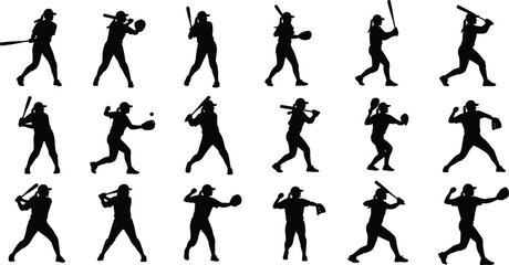 Obraz premium Softball player silhouettes collection, female athletes batting pitching throwing catching running poses, black sports action figures isolated on white background illustration