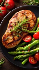 Grilled chicken with char marks, roasted asparagus, cherry tomatoes, and rosemary on a dark plate, vibrant now
