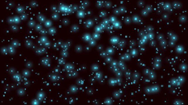 Pixel art style light particles glowing in blue animation on black background