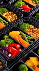Top-down view of a black segmented tray filled with colorful vegetables and glazed meat. With greens around it