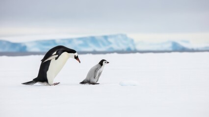 Fototapeta premium An adult penguin and a chick interact on a snowy landscape with icebergs in the background under a