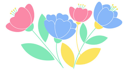 Pastel Floral Illustration: Pink, Blue, Yellow Flowers and Green Leaves