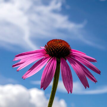 Pink coneflower bloom reaching toward a bright blue sky filled with fluffy white clouds on a sunny day