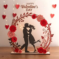 Romantic Valentine&rsquo;s Day Couple Silhouette with Rose Wreath and Heart Decoration