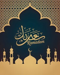 Ramadan mubarak greeting with mosque silhouette and arabic calligraphy