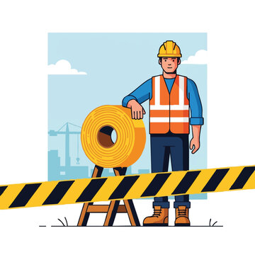 Safety Officer or Constructor with Caution Tape Roll and Warning Barrier at Construction Site Illustration