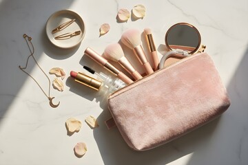 Soft makeup brushes and cosmetics spilling from a pink pouch on a white marble surface with scattered petals and accessories