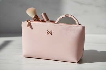 A pale pink cosmetic bag with makeup brushes inside on a white marble surface