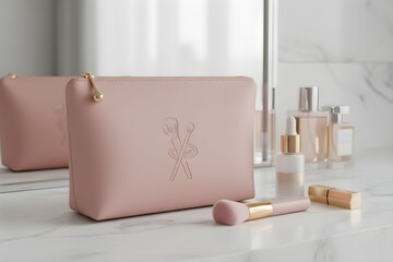 Luxury cosmetics displayed on a marble countertop with a pink pouch and makeup brushes