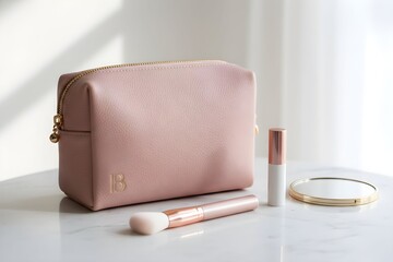 Cosmetic bag with beauty products on a white marble surface viewed from the front