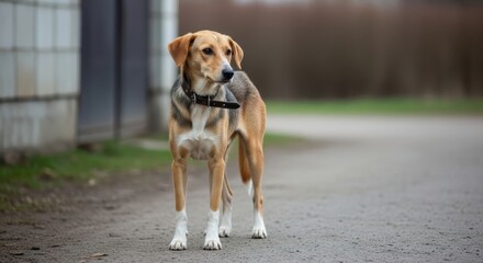 Alert dog standing on a path in a park.