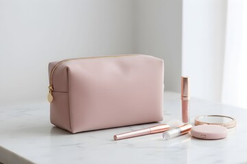 Cosmetic bag and beauty products arranged on a white marble surface near a window with natural light