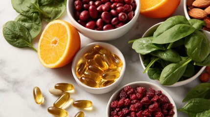 Colorful display of healthy foods on a marble surface oranges, greens, berries, almonds, seeds, and capsules