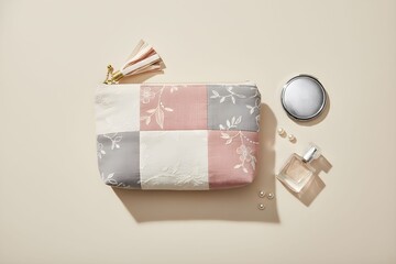 Aerial view of gift wrapping with cosmetics and ribbons on beige surface