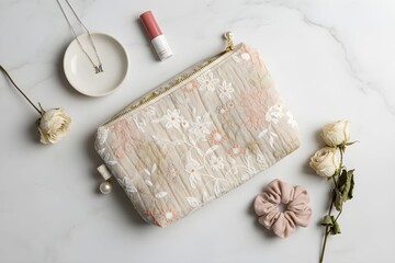 Fashionable clutch bag with floral patterns and accessories on a marble surface viewed from above