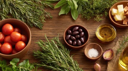 Rustic wooden table with fresh herbs, tomatoes, olives, garlic, and olive oil for cooking in warm kitchen vibe