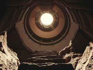 Upward view from a deep circular shaft revealing rough stone steps and walls with bright light emanating from a circular opening above