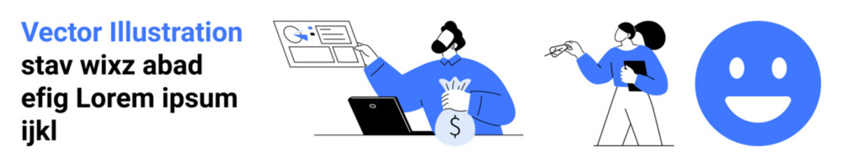 Fototapeta premium Business strategies, financial planning, money management, teamwork, digital interaction, communication. A man holding cash symbol and pointing at data. Business strategies and financial planning