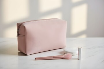 A pale pink cosmetic bag and accessories on a white marble surface illuminated by soft natural light