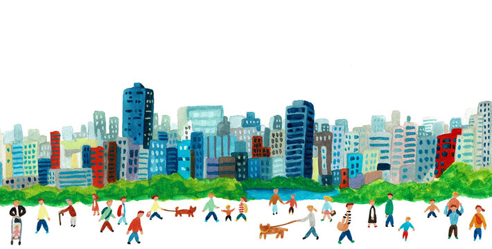 手描き水彩イラスト　都市の公園に集まる人々