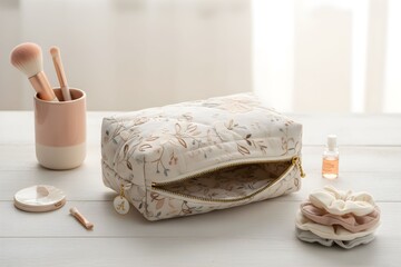 Cosmetic bag with beauty products and accessories on a white table near a window