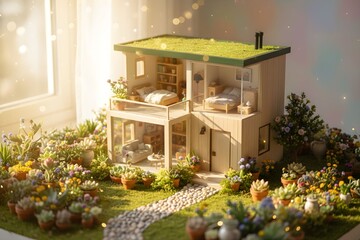Miniature house with green roof surrounded by lush garden and vibrant flowers viewed from outside on a sunny day.