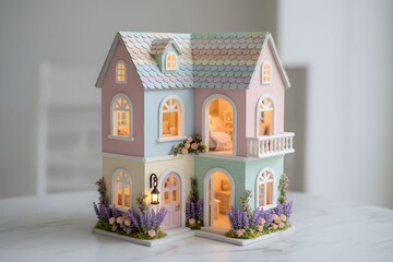 Miniature pastel dollhouse with flowers on a white surface, viewed from the front, showcasing intricate details and soft colors.