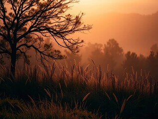 Warm light bathes a field of tall grasses and a silhouetted tree against a misty forested background