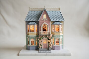 Ornate miniature house model with intricate details and soft interior lighting on a white marble base viewed from the front